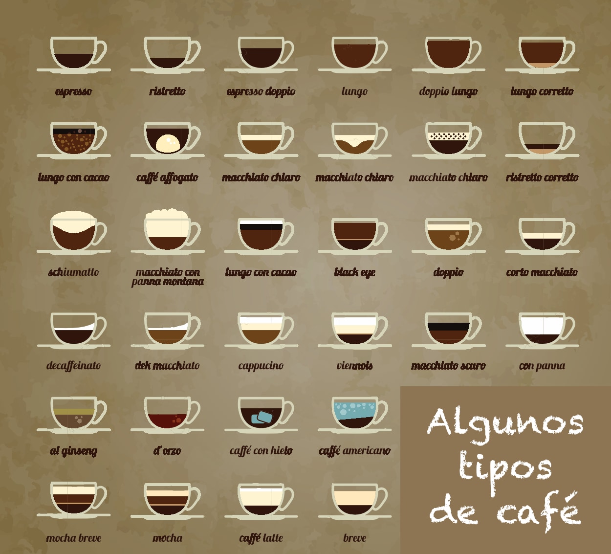 Nombres de diferentes bebidas de café